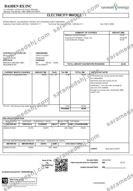 Malaysia Sarawak Energy business utility bill Word and PDF template